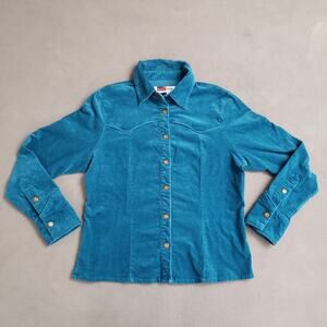 Live a Little Teal Corduroy Western Style Shirt Size M Retro Yoke Bronze Buttons
